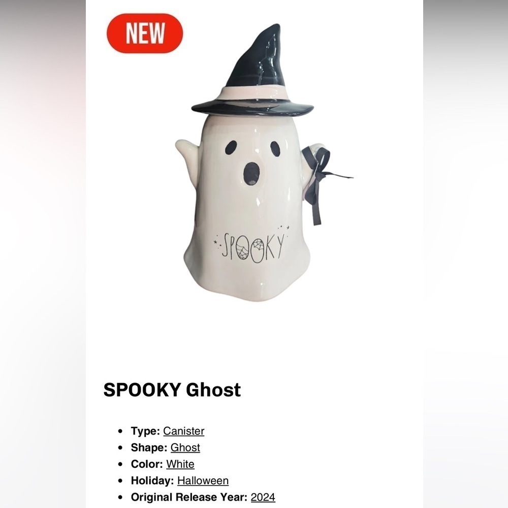 ✨NEW👻Rae Dunn 2024 Spooky Ghost with Witch Hat Cookie Jar Canister🖤 - Picture 8 of 8
